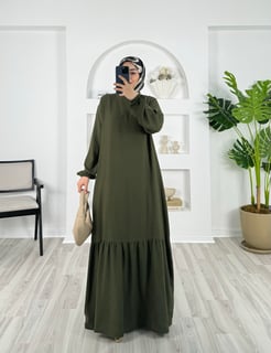 9638-belmando kumaş-bilek ucu büzgülü kemerli elbise-haki