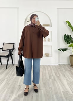 7269-terikoton kumaş-bilek ucu bağlama detaylı gömlek-acı kahve