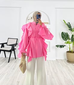 7511-poplin kumaş-fırfırlı kemerli gömlek-pembe