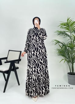 9174 K111+VİSKON KUMAŞ RABİA DESENLİ ELBİSE SİYAH