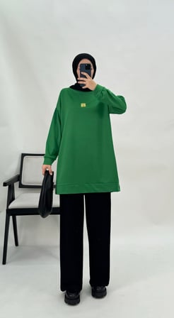 8632-iki iplik kumaş-önü süs detaylı tunik-benetton yeşili