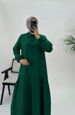 6641-poplin kumaş boydan düğmeli elbise yeşil