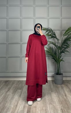 7894 C106+iki iplik kumaş tunik takım bordo 