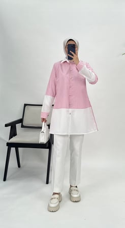 6172-poplin kumaş-çizgili düğmeli tunik-pembe