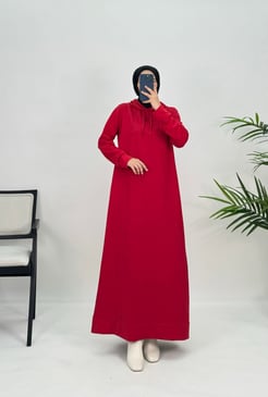 4284 N151+ iki iplik kumaş kapşonlu elbise kırmızı