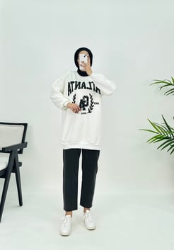 3596 K35+Üç İplik Atlanta Baskılı Sweatshirt Beyaz
