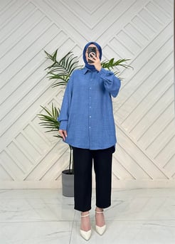 0405 E71+Lela rahat kesim eteği oval salaş keten kumaş tunik mavi 