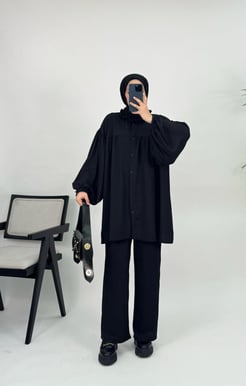 5147-bürümcük kumaş-pantolonlu tunik takım-siyah