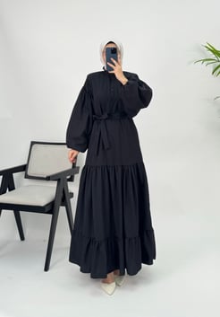 7148-terikoton kumaş-yarım düğmeli elbise-siyah