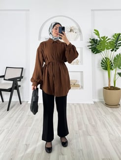 7945-nada kumaş-gizli düğmeli tunik-acı kahve