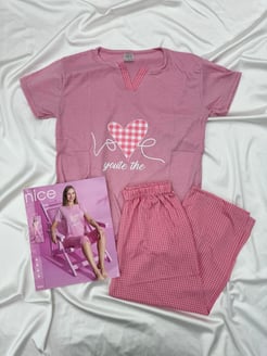 Ç1163 - KISA KOLLU KARELI KAPRİ PIJAMA TAKIMI - PEMBE 