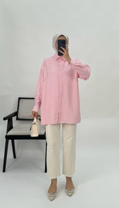 2154-poplin kumaş yan kısımları taş detaylı tunik pembe