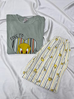 Ç4032-TWEETY DESENLİ KISA KOLLU PİJAMA TAKIMI SU YEŞİLİ