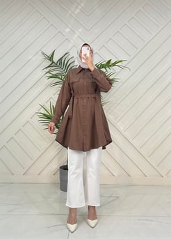 1132  G153+yanları bağlamalı cep detaylı terikoton kumaş tunik kahverengi  