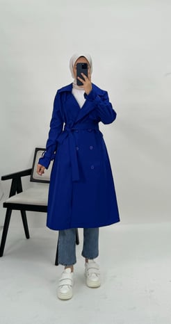 6134 A96+Beli Ve Kolları Kemer Detaylı Trençkot Saks Mavi