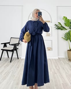 4570 - terikoton kumaş önü baglama detaylı elbise - lacivert