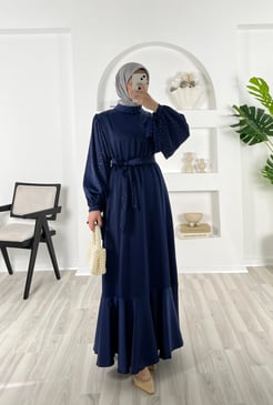 4286-saten kumaş-yaka ve kolları taşlı eteği volanlı elbise-lacivert