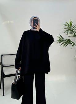 9037-oysho kumaş-kolu düğme detaylı önü çizgili tunik-siyah