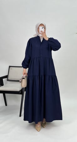 33065-terikoton kumaş-yarım düğmeli v yaka elbise-lacivert