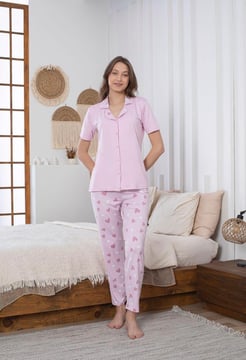 ç6098 - milan kumaş gömlek yaka kalpli kısa kollu pijama takımı- lila