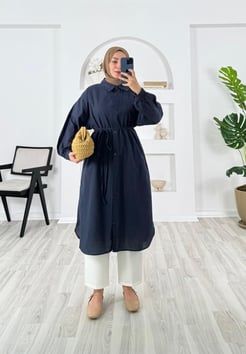 4163-keten kumaş-kemerli uzun tunik-lacivert