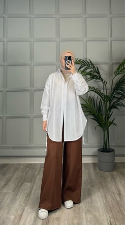 017 B49 Dabıl kumaş geniş paça beli lastikli pantolon kahverengi
