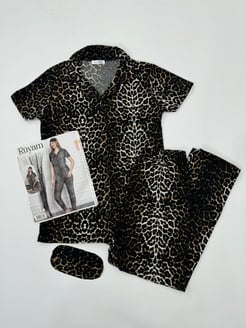 Ç4453 - LEOPAR DESENLI KISA KOLLU PIJAMA TAKIMI - SIYAH 