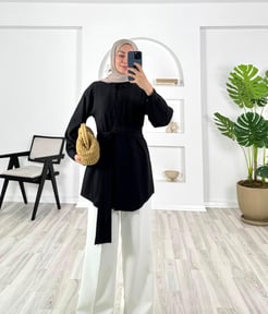 4790-nada kumaş-kendinden kemerli gömlek-siyah