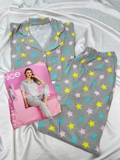 Ç14286 - rotasyon kumaş gömlek yaka yıldızlı kısa kollu pijama takımı - gri