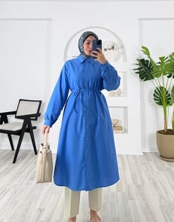 7514-terikoton kumaş-kemerli tunik-mavi