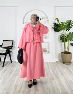 4556-dabıl krep kumaş-etekli kimono takım-pembe