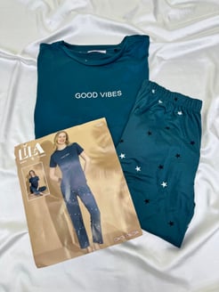 ç14387 - kısa kollu good vibes pijama takımı - petrol yeşili  