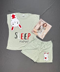 6182 İnce Tavşanlı Şortlu Pijama Takımı Yeşil