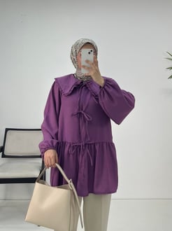 9247-keten kumaş-bebe yaka önden bağlamalı kimono-mor