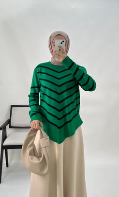 3769-çizgi detaylı triko-benetton yeşili