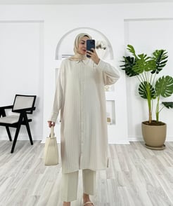 9742-linda kumaş-yanları yırtmaçlı çizgili tunik-taş