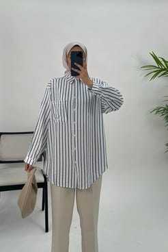 5851-modal kumaş-çizgili cepli tunik-beyaz