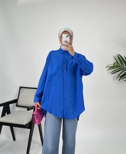 7933-model kumaş-boydan düğmeli cepli tunik-mavi
