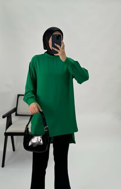 6621-ayrobin kumaş kol kısmı lastikli tunik benetton yeşili