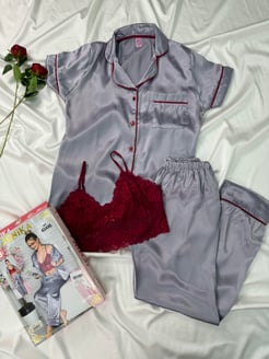 ART495 - ÖNÜ DÜGMELI SATEN ÜÇLÜ PIJAMA TAKIMI - FÜME  