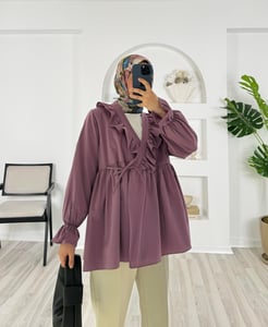 6247-terikoton kumaş-bilek ucu büzgülü önden bağlamalı kimono-mor