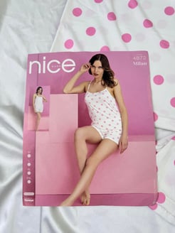 Ç4872-milan kumaş ip askılı pembe benekli şortlu pijama takımı beyaz