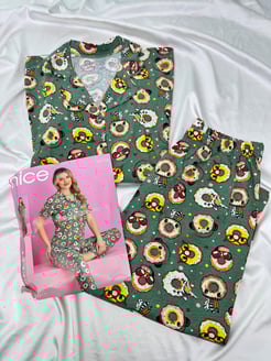 Ç14279 - rotasyon kumaş gömlek yaka donatlı kısa kollu pijama takımı - yeşil  