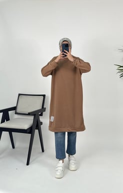 5652-iki iplik kumaş- armalı uzun tunik-sütlü kahve