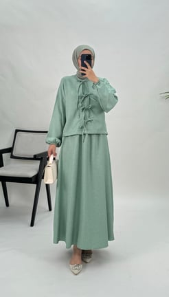 3754-melanj keten kumaş-kimono etekli takım-su yeşili