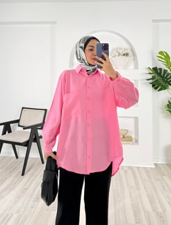 3343-modal kumaş-önü cepli tunik-pembe