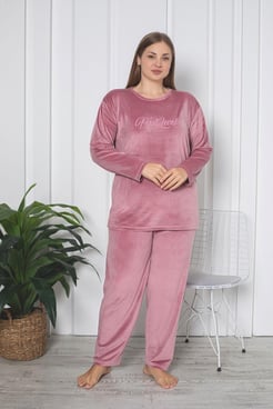 Ç8409- BÜYÜK BEDEN KADİFE PİJAMA TAKIMI - PUDRA   