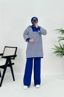 4146 G30+Triko kumaş-yarı fermuarlı tunik takım-mavi