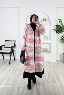 4525-oduncu kaşe kumaş-etnik desenli boydan düğmeli kapşonlu kap-pembe