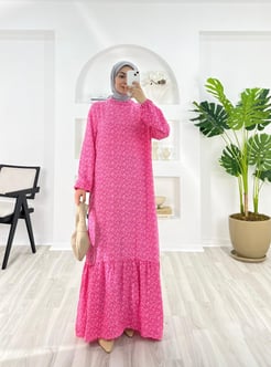 2463-pamuk viskon kumaş-yaprak desenli elbise-pembe